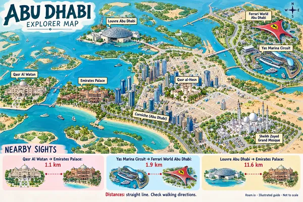 Illustrated tourist map of Abu Dhabi, United Arab Emirates, featuring Sheikh Zayed Grand Mosque, Louvre Abu Dhabi, Qasr Al Watan.