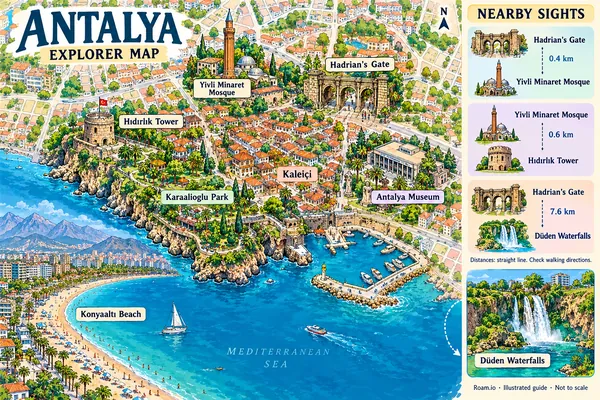Illustrated tourist map of Antalya, Turkey, featuring Hadrian's Gate, Yivli Minaret Mosque, Hıdırlık Tower.