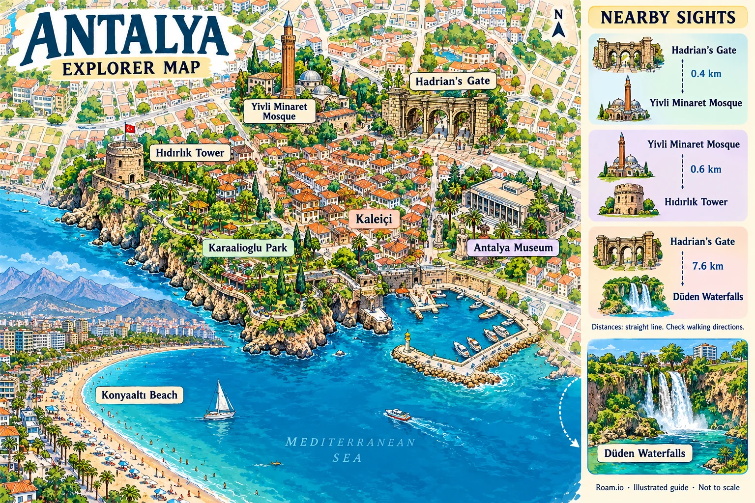 Illustrated tourist map of Antalya, Turkey, featuring Hadrian's Gate, Yivli Minaret Mosque, Hıdırlık Tower, Kaleiçi.