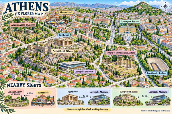 Illustrated tourist map of Athens, Greece, featuring Acropolis of Athens, Parthenon, Acropolis Museum.