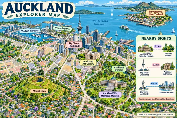 Illustrated tourist map of Auckland, New Zealand, featuring Sky Tower (Auckland), Auckland Art Gallery, Auckland War Memorial Museum.