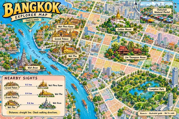 Illustrated tourist map of Bangkok, Thailand, featuring Grand Palace, Wat Phra Kaew, Wat Pho.