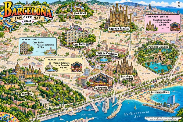 Illustrated tourist map of Barcelona, Spain, featuring Park Güell, Sagrada Família, Casa Batlló.