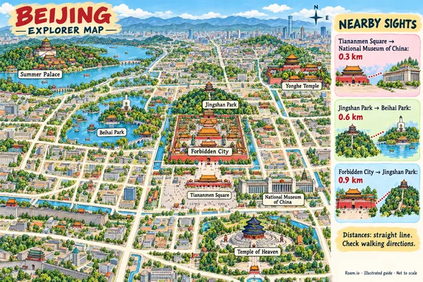 Illustrated tourist map of Beijing, China, featuring Forbidden City, Tiananmen Square, Jingshan Park.