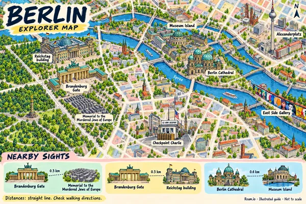 Illustrated tourist map of Berlin, Germany, featuring Brandenburg Gate, Reichstag building, Memorial to the Murdered Jews of Europe.