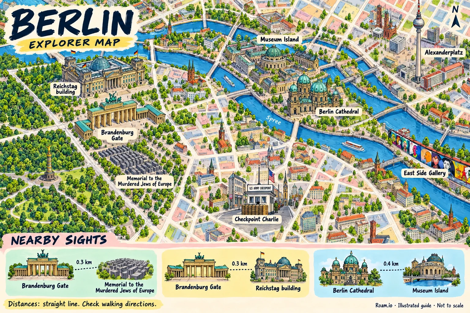 Illustrated tourist map of Berlin, Germany, featuring Brandenburg Gate, Reichstag building, Memorial to the Murdered Jews of Europe, Berlin Cathedral.