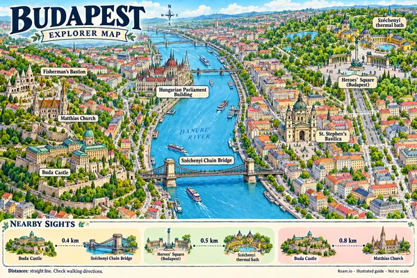 Illustrated tourist map of Budapest, Hungary, featuring Hungarian Parliament Building, Buda Castle, Fisherman's Bastion.
