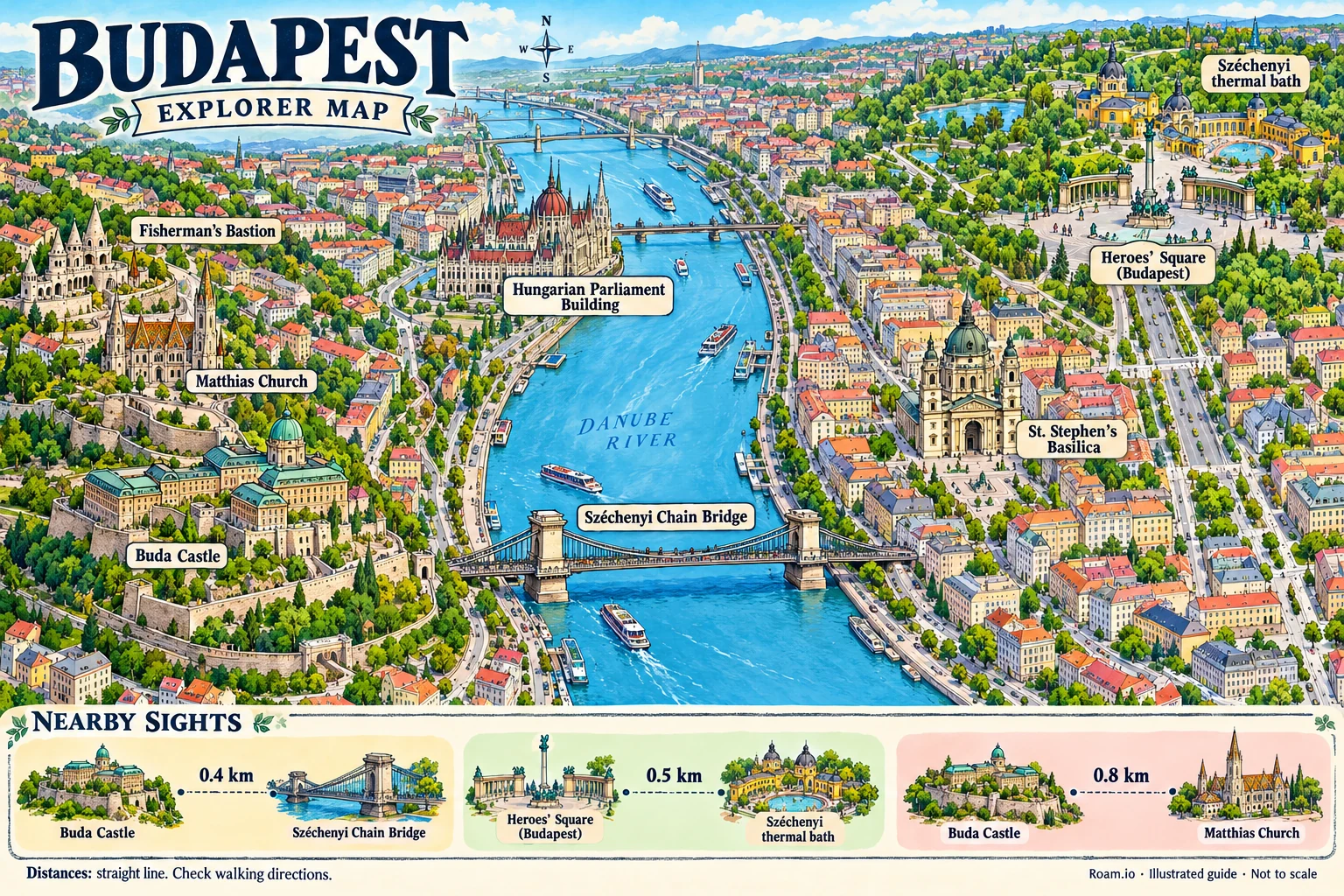 Illustrated tourist map of Budapest, Hungary, featuring Hungarian Parliament Building, Buda Castle, Fisherman's Bastion, Matthias Church.