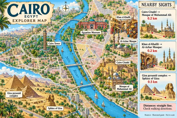 Illustrated tourist map of Cairo, Egypt, featuring Egyptian Museum, Khan el-Khalili, Al-Azhar Mosque.