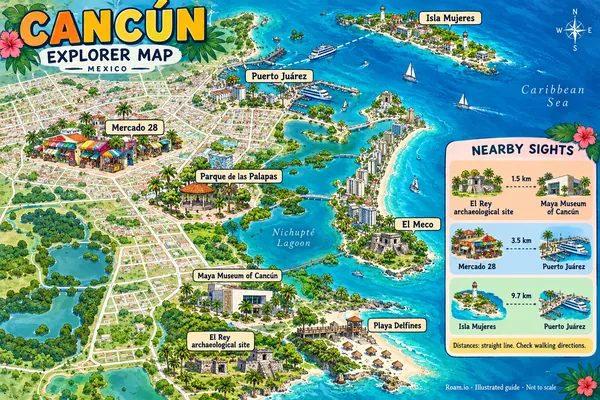 Illustrated tourist map of Cancun, Mexico, featuring El Rey archaeological site, Maya Museum of Cancún, Playa Delfines.