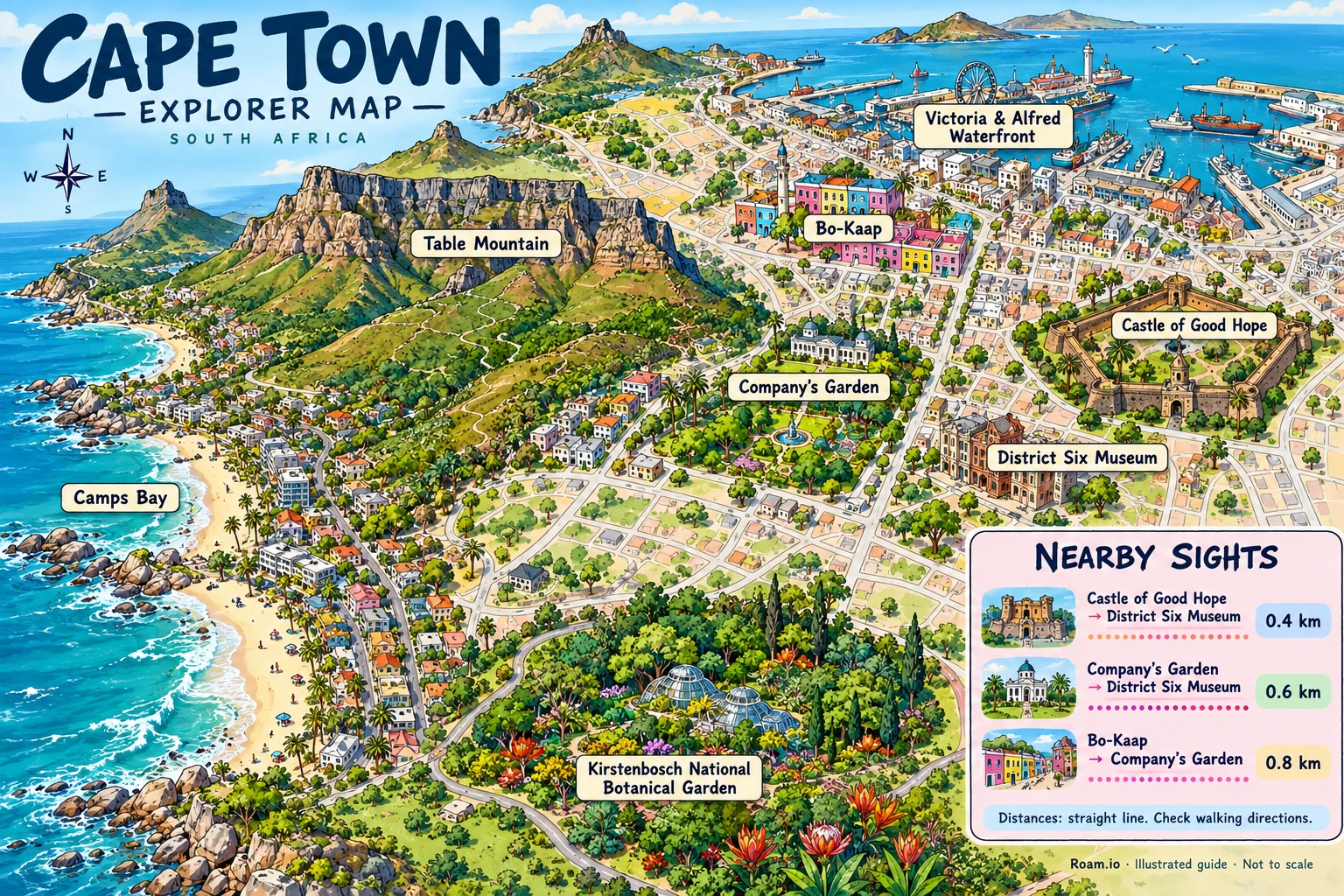 Illustrated tourist map of Cape Town, South Africa, featuring Table Mountain, Victoria & Alfred Waterfront, Bo-Kaap, Company's Garden.