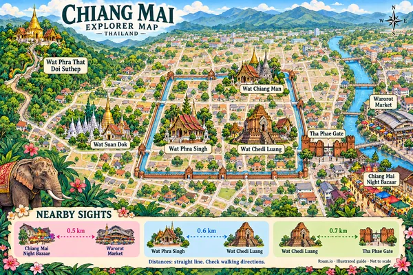 Illustrated tourist map of Chiang Mai, Thailand, featuring Wat Phra Singh, Wat Chedi Luang, Wat Chiang Man.