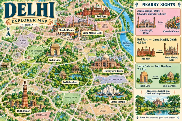 Illustrated tourist map of Delhi, India, featuring Red Fort, Jama Masjid, Delhi, Chandni Chowk.