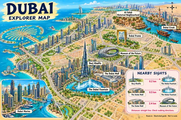Illustrated tourist map of Dubai, United Arab Emirates, featuring Burj Khalifa, The Dubai Mall, The Dubai Fountain.