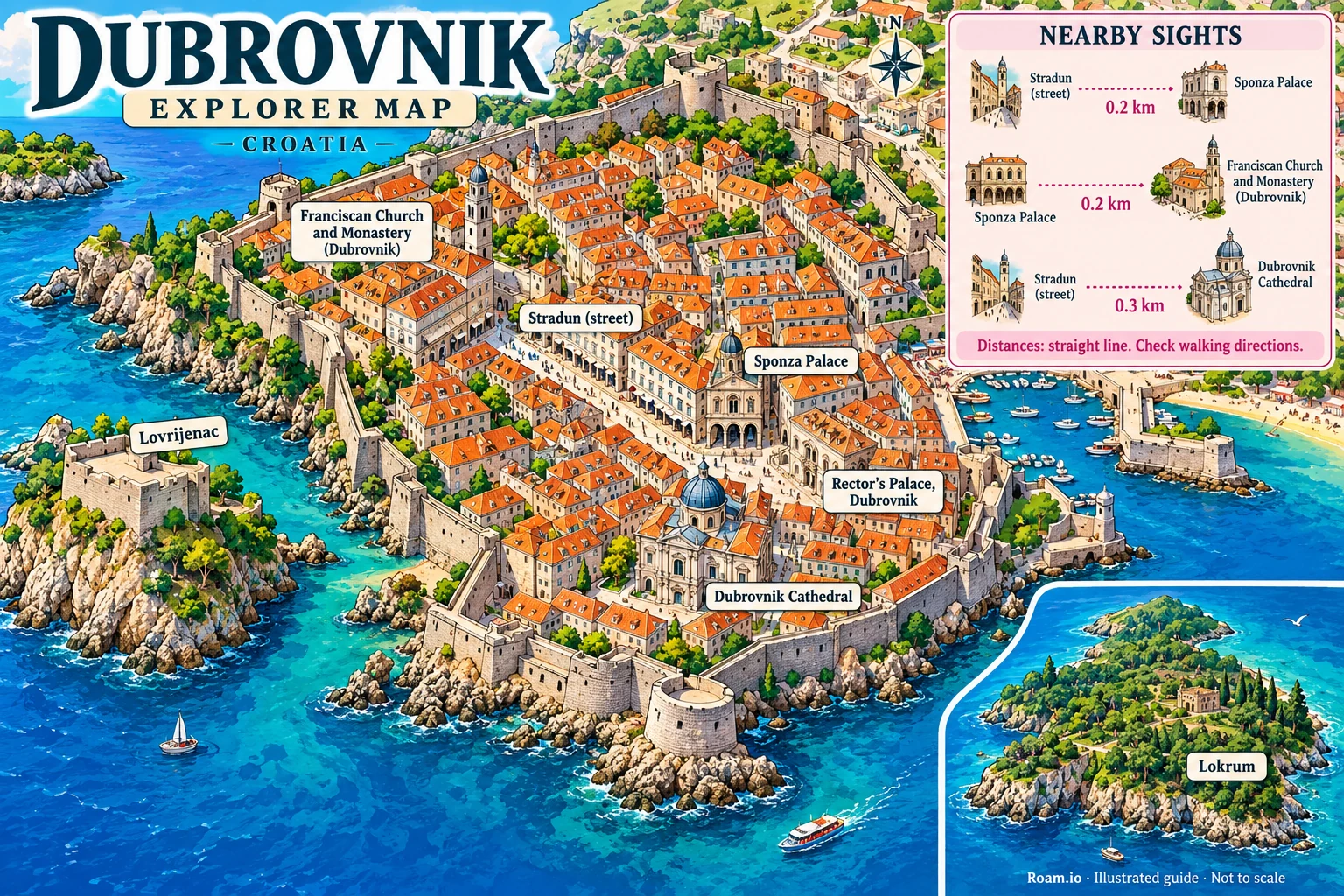 Illustrated tourist map of Dubrovnik, Croatia, featuring Walls of Dubrovnik, Stradun (street), Rector's Palace, Dubrovnik, Sponza Palace.