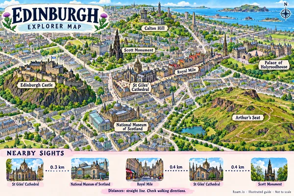 Illustrated tourist map of Edinburgh, United Kingdom, featuring Edinburgh Castle, Royal Mile, St Giles' Cathedral.