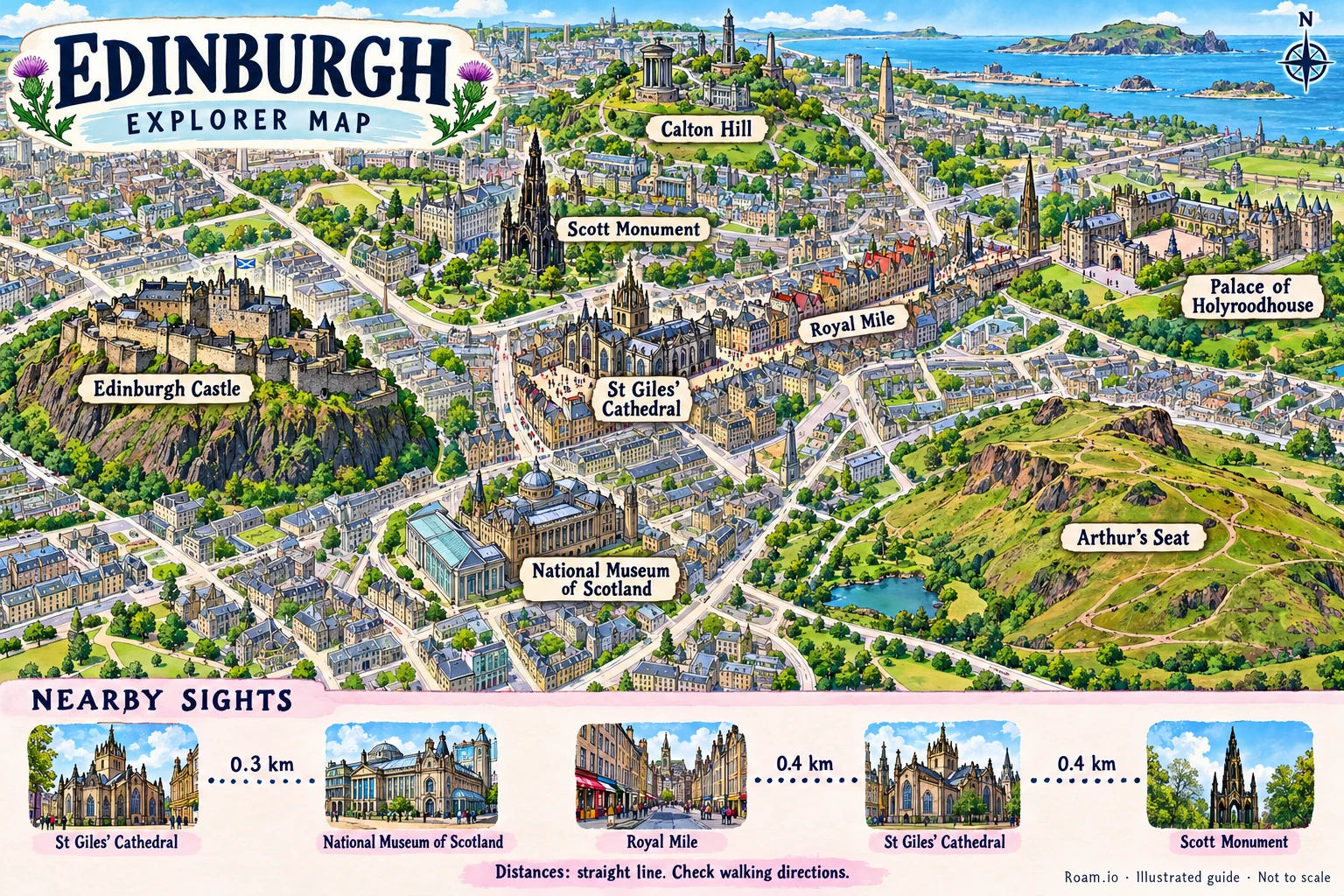 Illustrated tourist map of Edinburgh, United Kingdom, featuring Edinburgh Castle, Royal Mile, St Giles' Cathedral, Palace of Holyroodhouse.