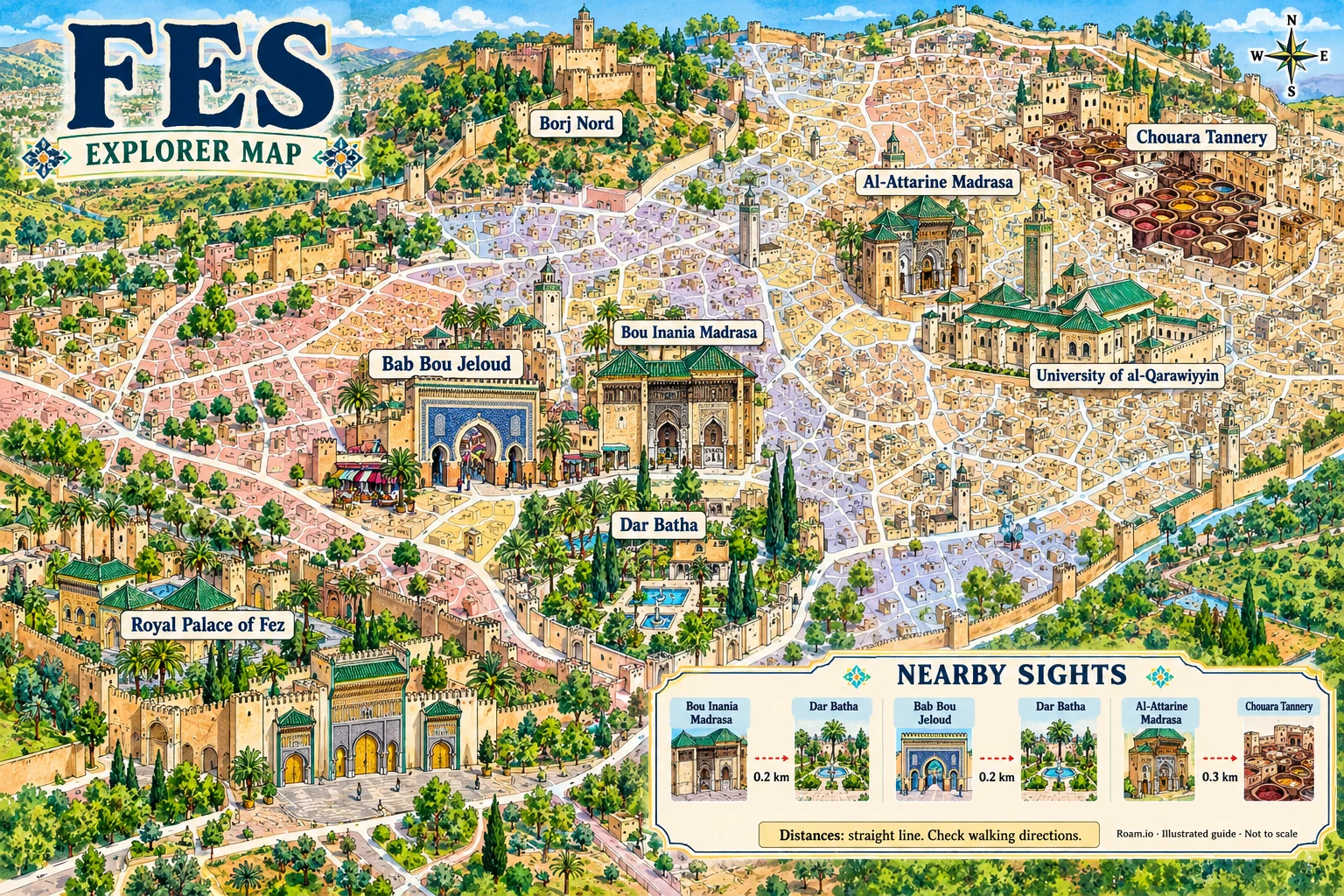 Illustrated tourist map of Fes, Morocco, featuring Bab Bou Jeloud, Bou Inania Madrasa, Al-Attarine Madrasa, University of al-Qarawiyyin.