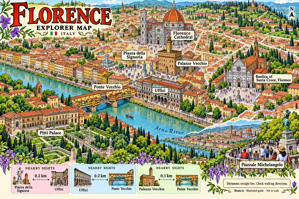 Illustrated tourist map of Florence, Italy, featuring Florence Cathedral, Piazza della Signoria, Palazzo Vecchio.