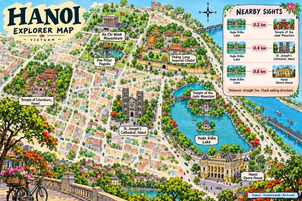 Illustrated tourist map of Hanoi, Vietnam, featuring Hoàn Kiếm Lake, Temple of the Jade Mountain, St. Joseph's Cathedral, Hanoi.