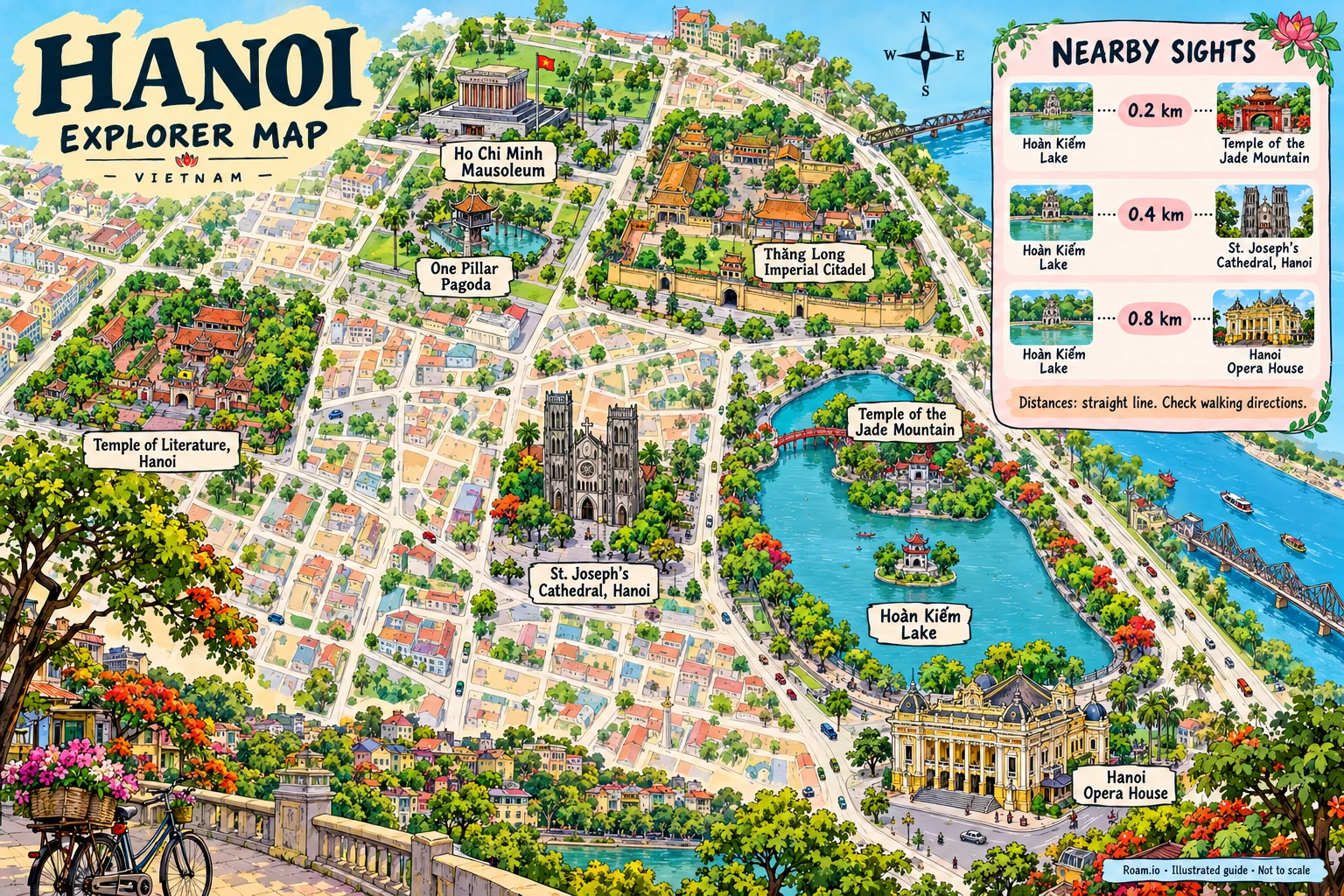 Illustrated tourist map of Hanoi, Vietnam, featuring Hoàn Kiếm Lake, Temple of the Jade Mountain, St. Joseph's Cathedral, Hanoi, Temple of Literature, Hanoi.