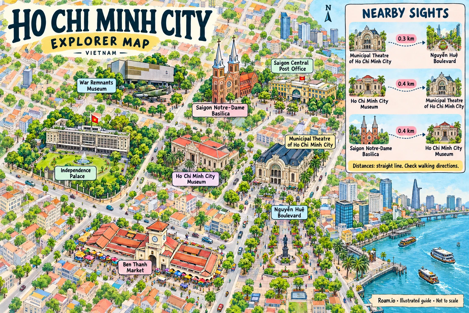 Illustrated tourist map of Ho Chi Minh City, Vietnam, featuring Ben Thanh Market, Independence Palace, War Remnants Museum, Saigon Notre-Dame Basilica.