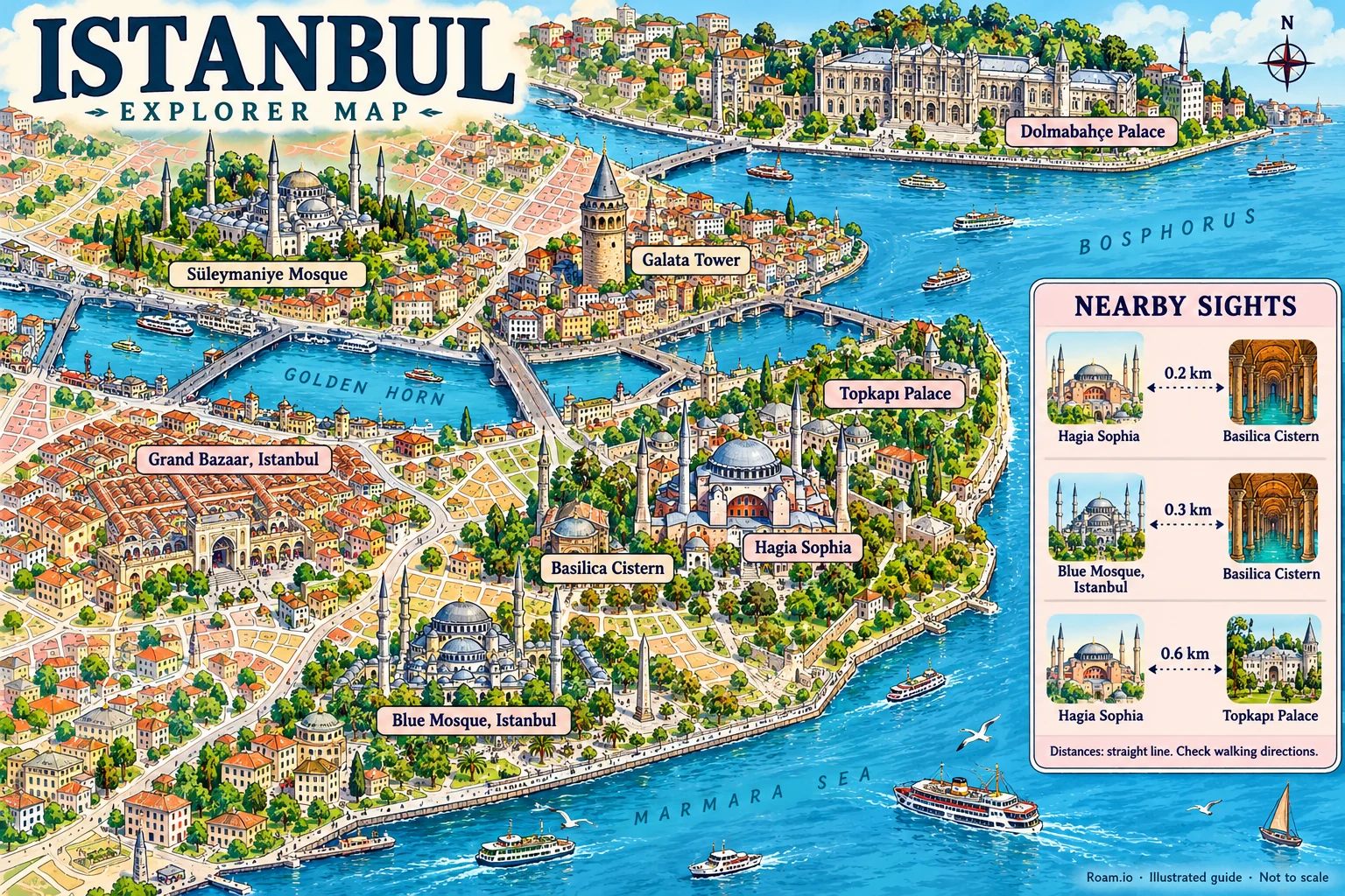 Illustrated tourist map of Istanbul, Turkey, featuring Hagia Sophia, Blue Mosque, Istanbul, Topkapı Palace, Basilica Cistern.