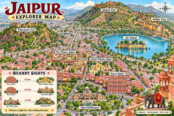 Illustrated tourist map of Jaipur, India, featuring Hawa Mahal, City Palace, Jaipur, Jantar Mantar, Jaipur.