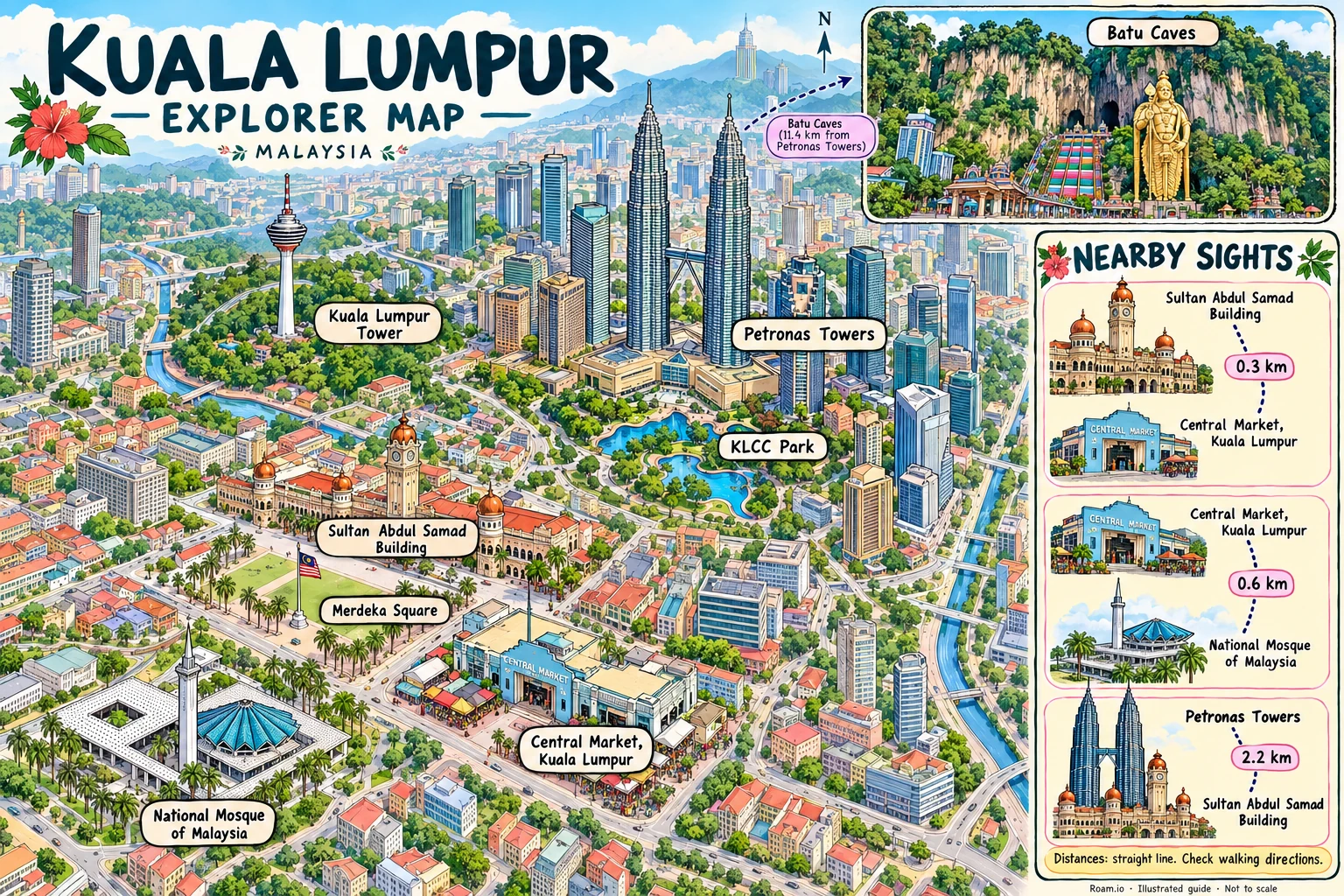 Illustrated tourist map of Kuala Lumpur, Malaysia, featuring Petronas Towers, KLCC Park, Kuala Lumpur Tower, Merdeka Square.