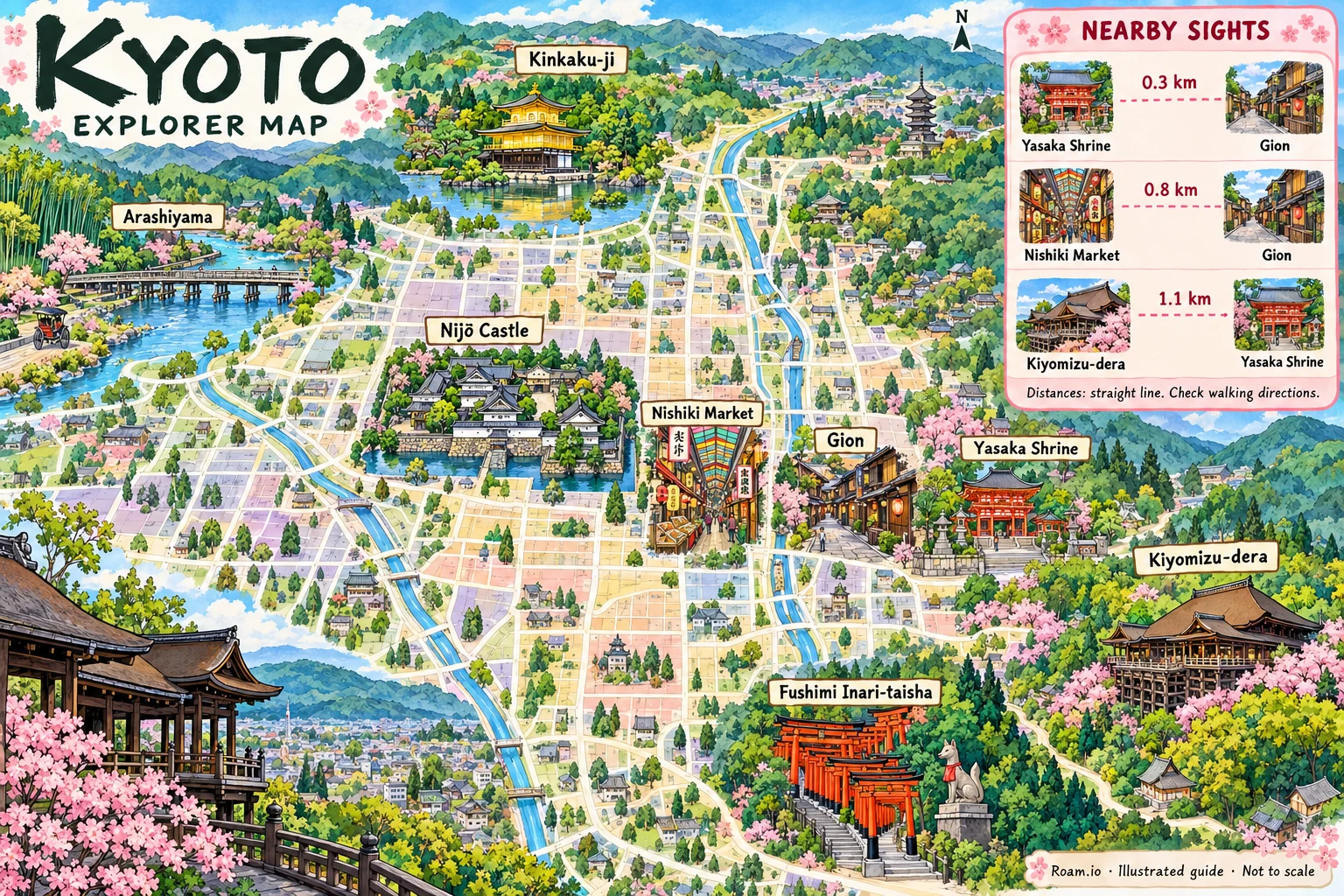 Illustrated tourist map of Kyoto, Japan, featuring Kiyomizu-dera, Yasaka Shrine, Fushimi Inari-taisha, Kinkaku-ji.