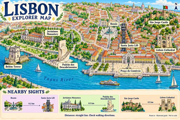 Illustrated tourist map of Lisbon, Portugal, featuring São Jorge Castle, Lisbon Cathedral, Praça do Comércio.