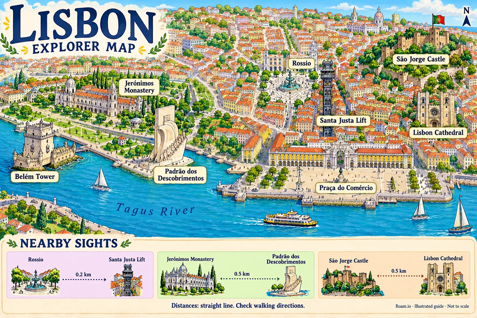 Illustrated tourist map of Lisbon, Portugal, featuring São Jorge Castle, Lisbon Cathedral, Praça do Comércio, Rossio.
