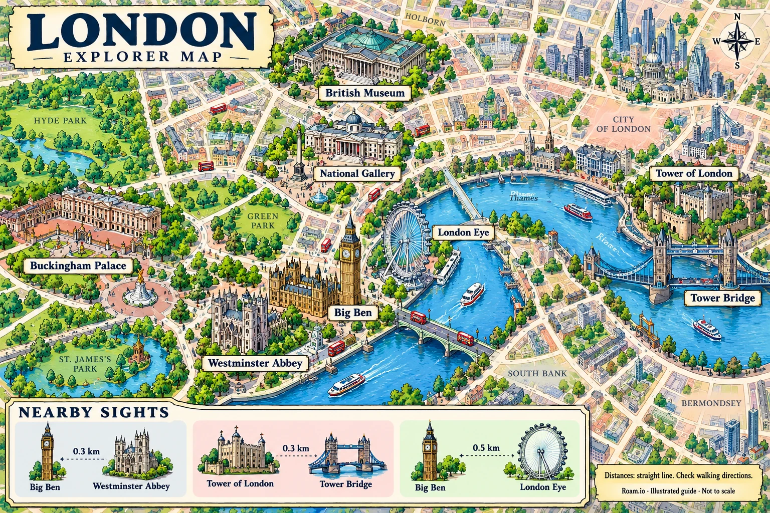 Illustrated tourist map of London, United Kingdom, featuring Big Ben, Westminster Abbey, London Eye, Buckingham Palace.
