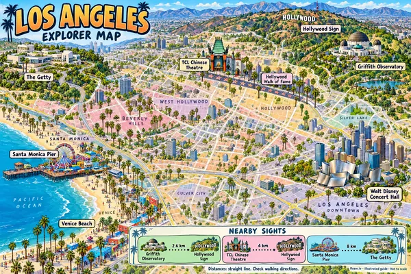 Illustrated tourist map of Los Angeles, United States, featuring Griffith Observatory, Hollywood Walk of Fame, TCL Chinese Theatre.