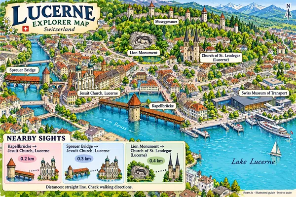 Illustrated tourist map of Lucerne, Switzerland, featuring Kapellbrücke, Spreuer Bridge, Lion Monument.