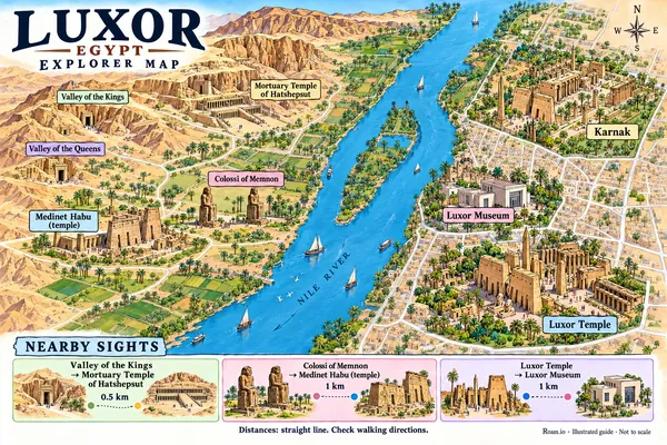 Illustrated tourist map of Luxor, Egypt, featuring Luxor Temple, Karnak, Luxor Museum.
