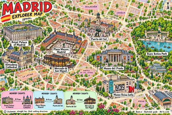 Illustrated tourist map of Madrid, Spain, featuring Royal Palace of Madrid, Almudena Cathedral, Plaza Mayor, Madrid.
