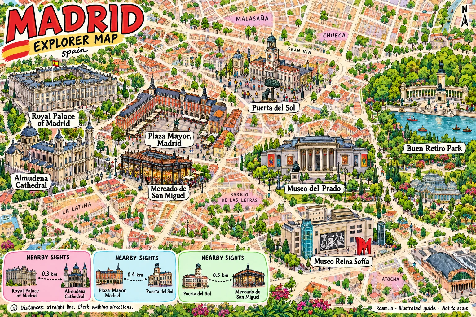 Illustrated tourist map of Madrid, Spain, featuring Royal Palace of Madrid, Almudena Cathedral, Plaza Mayor, Madrid, Puerta del Sol.