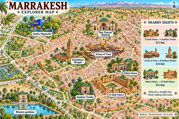 Illustrated tourist map of Marrakesh, Morocco, featuring Jemaa el-Fnaa, Kutubiyya Mosque, Bahia Palace.