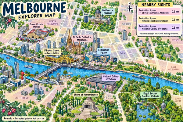 Illustrated tourist map of Melbourne, Australia, featuring Federation Square, Flinders Street railway station, St Paul's Cathedral, Melbourne.