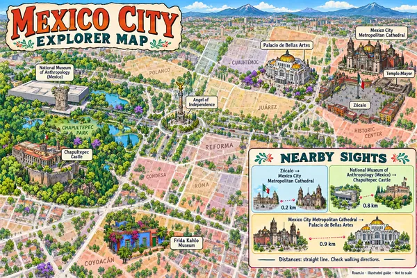 Illustrated tourist map of Mexico City, Mexico, featuring Zócalo, Mexico City Metropolitan Cathedral, Palacio de Bellas Artes.