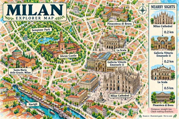 Illustrated tourist map of Milan, Italy, featuring Milan Cathedral, Galleria Vittorio Emanuele II, La Scala.