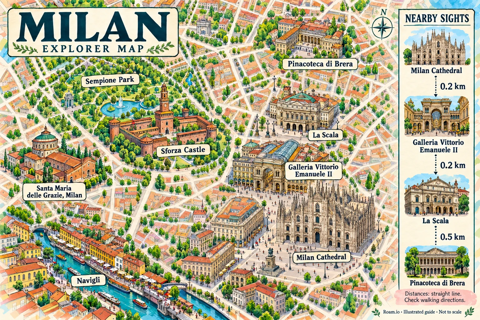 Illustrated tourist map of Milan, Italy, featuring Milan Cathedral, Galleria Vittorio Emanuele II, La Scala, Sforza Castle.