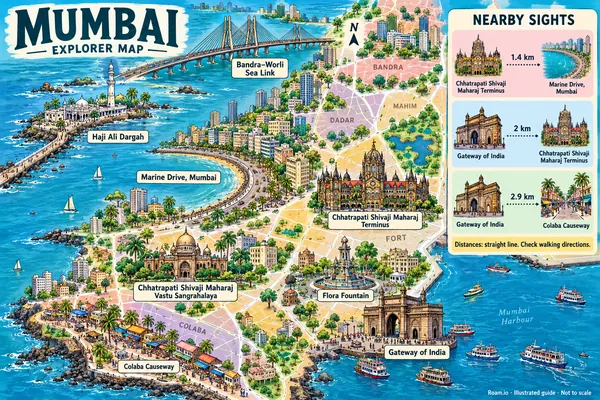 Illustrated tourist map of Mumbai, India, featuring Gateway of India, Chhatrapati Shivaji Maharaj Terminus, Chhatrapati Shivaji Maharaj Vastu Sangrahalaya.