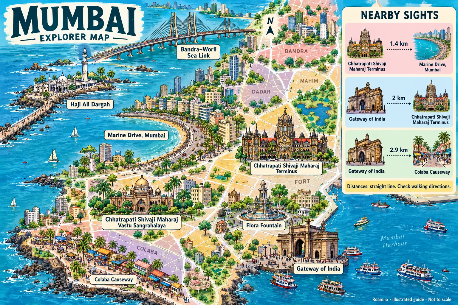 Illustrated tourist map of Mumbai, India, featuring Gateway of India, Chhatrapati Shivaji Maharaj Terminus, Chhatrapati Shivaji Maharaj Vastu Sangrahalaya, Marine Drive, Mumbai.