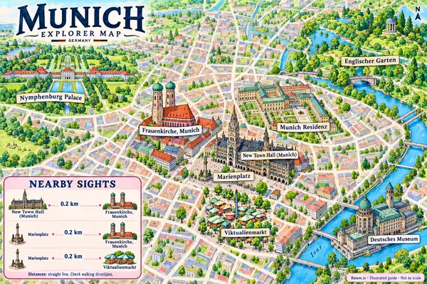 Illustrated tourist map of Munich, Germany, featuring Marienplatz, New Town Hall (Munich), Frauenkirche, Munich.