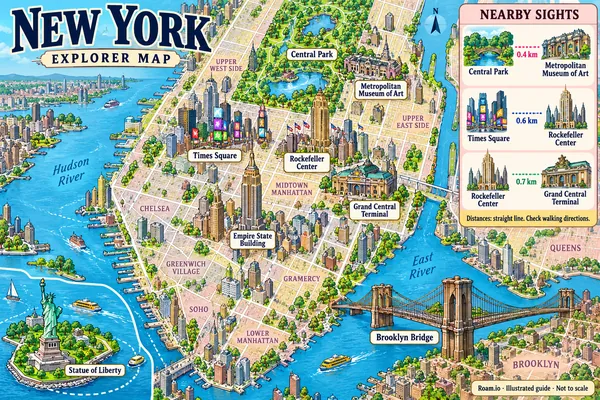 Illustrated tourist map of New York, United States, featuring Central Park, Metropolitan Museum of Art, Times Square.