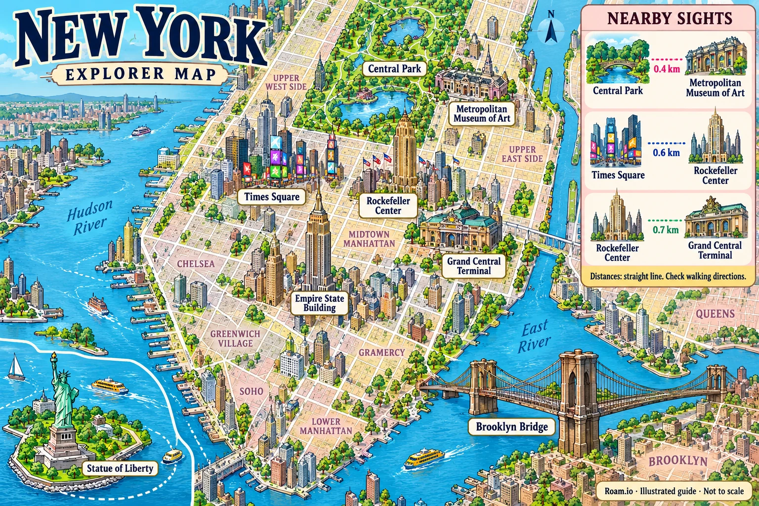Illustrated tourist map of New York, United States, featuring Central Park, Metropolitan Museum of Art, Times Square, Rockefeller Center.