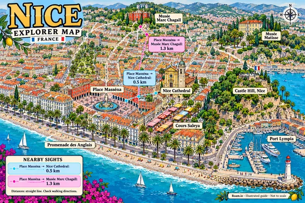 Illustrated tourist map of Nice, France, featuring Promenade des Anglais, Place Masséna, Nice Cathedral.