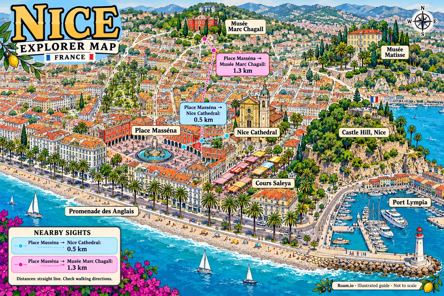 Illustrated tourist map of Nice, France, featuring Promenade des Anglais, Place Masséna, Nice Cathedral, Castle Hill, Nice.